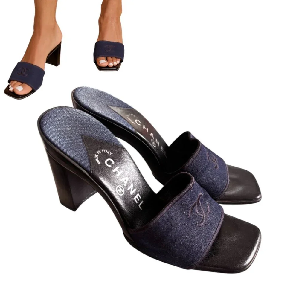 90'S Y2K VTG. AUTHENTIC‎ CHANEL DENIM CC LOGO SLIDES MULES SANDALS SZ. 6 EUC